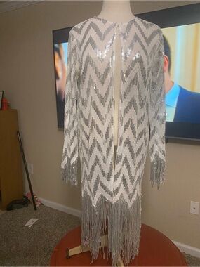 Midnight Velvet Silver & White Sequin Fringe Open-Front Trench